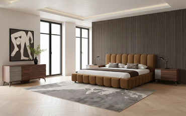 Eastern King Harris + Palermo - Modern Brown Fabric + Faux Concrete & Walnut 4-Piece Bedroom Set / VGKK-KF.B2032-PALBRN-4PC-EK