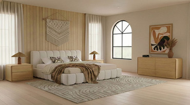 Queen Harris + Dustin - Modern Off-White Fabric + Natural Oak 4-Piece Bedroom Set / VGKK-KF.B2032-DUSNAT-4PC-Q