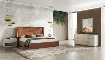 Eastern King Roma + Lago - Modern Burnt Orange Microfiber + Faux Travertine 4-Piece Bedroom Set / VGAC-ROMALAGO-4PC-SET-EK