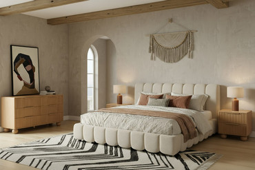 Queen Harris + Winters - Modern Off-White Fabric + Natural Oak 4-Piece Bedroom Set / VGWD-HARRIS-WINTERS-SET-Q