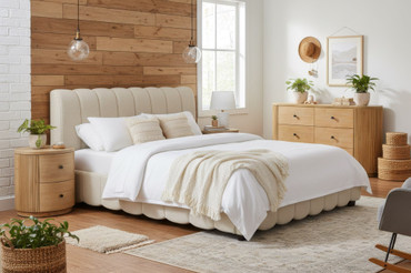 Queen Harris + Jacobson - Modern Off-White Fabric + Natural Oak 4-Piece Bedroom Set / VGWD-HARRIS-JACOBSON-SET-Q