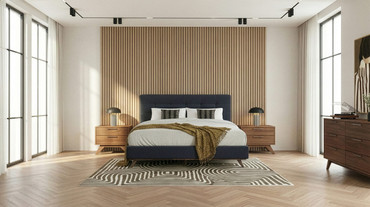 Queen Addison +Soria - Mid-Century Modern Grey Fabric + Walnut 4-Piece Bedroom Set / VGMA-BR-38-SOR-4PC-SET-Q