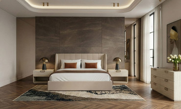 Queen Kiro + Lago - Modern Tan Fabric + Faux Travertine 4-Piece Bedroom Set / VGMA-BR-176-LAGO-4PC-Q