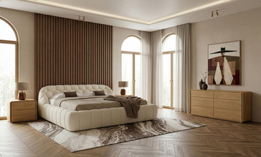 Eastern King Yolonda + Dustin - Modern Off-White Fabric + Natural Oak 4-Piece Bedroom Set / VGEV-A127-DUSTIN-4PC-EK