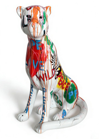 Large Graffiti Leopard - White + Multi-Color Sculpture / VGTH-H-275-MUL