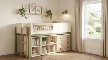 Evren Twin Storage Loft Bed 4-piece Set with Chest and Bookcases Tri-Tone / CS-460619-SET