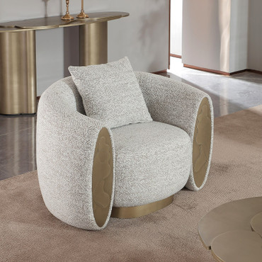 Nouveau Glimpse - Modern White & Brown Fabric + Antique Brass Swivel Accent Chair / VGFA-SF2040S-1-TAN