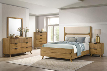 Bennett Twin Cream Upholstered 5-Piece Mid-Century Bedroom Set Light Oak / CS-222901T-S5