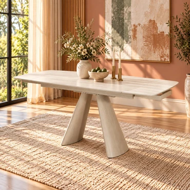 Cassian Dining Table, Ceramic Top with Travertine Pattern & Cream | DN05535
