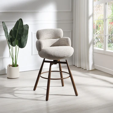Jena Beige Chenille & Walnut Bar Chair w/Swivel, Pocket Coil Construction | DN03818