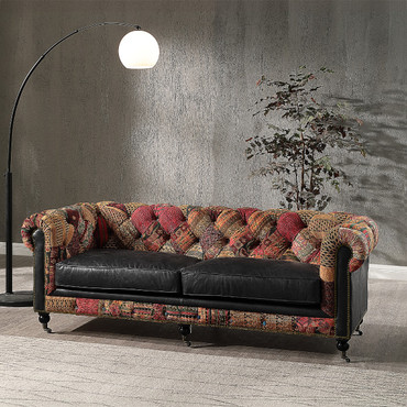 Rowina Antique Slate Top Grain Leather Sofa, Handmade Fabric, Loose Seat & Tight Back Cushion | LV03805
