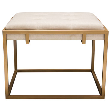 Babylon Small Accent Ottoman w/ Brushed Gold Frame & Padded Seat in Sand Linen / BABYLONOTSDGD
