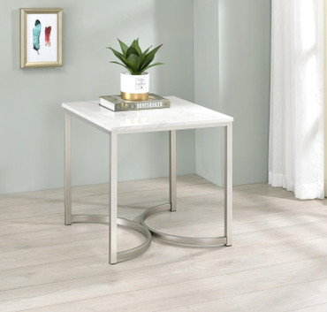 Leona Faux Marble Square End Table White and Satin Nickel / CS-721867