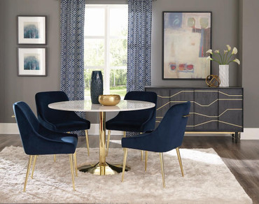 Kella 5-piece Round Marble Top Dining Set Blue and Gold / CS-192061-S5