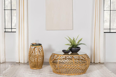 Dahlia Round Glass Top Woven Rattan End Table Natural Brown / CS-709807