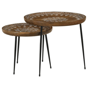 Nuala 2-piece Round Nesting Table with Tripod Tapered Legs Honey and Black / CS-935984