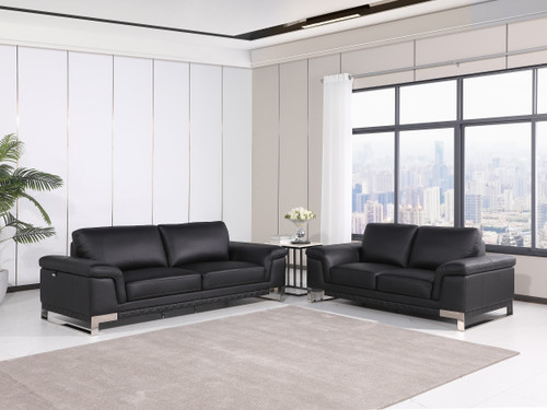Genuine Italian Leather Reclining Sofa and Loveseat in Black / 411-BLACK-2PC