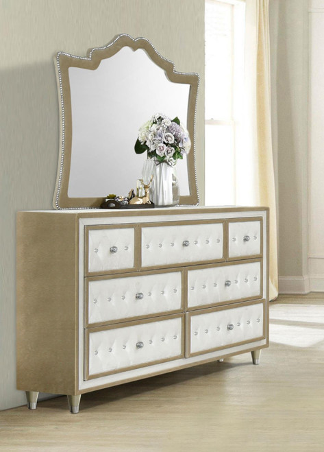 Antonella 7-drawer Upholstered Dresser with Mirror Ivory and Camel / CS-223523M