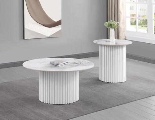 Rowena 2-piece Coffee and End Table Set White Faux Marble / CS-708338-S2