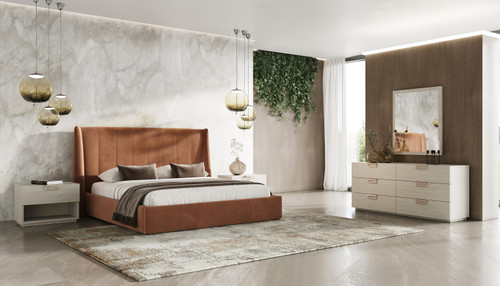 Queen Lamod Roma + Lago - Modern Burnt Orange Velvet + Faux Travertine 4-Piece Bedroom Set / VGAC-ROMALAGO-4PC-SET-Q