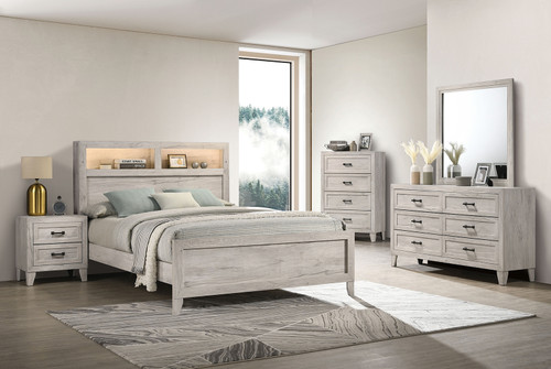MYSEN E.King Bed, White Wash / FM7202WH-EK-BED