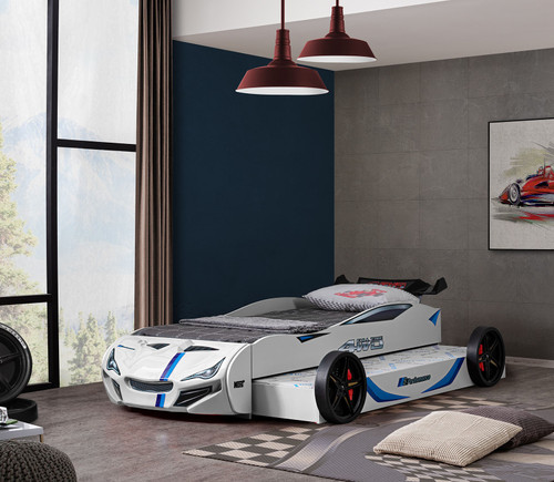 Tracklite Car Bed w/ Trundle, White / FOA7735WH-BED