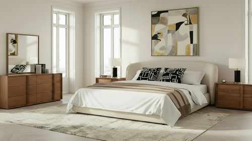 Eastern King Lambert + Berlin - Modern Beige Fabric + Walnut 4-Piece Bedroom Set / VGMA-LAMBERT-BERLIN-SET-EK