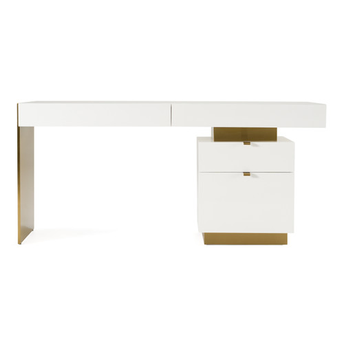 Trahan - Modern Gloss White and Brushed Gold Office Desk / VGBB-MQ2101-W-DESK