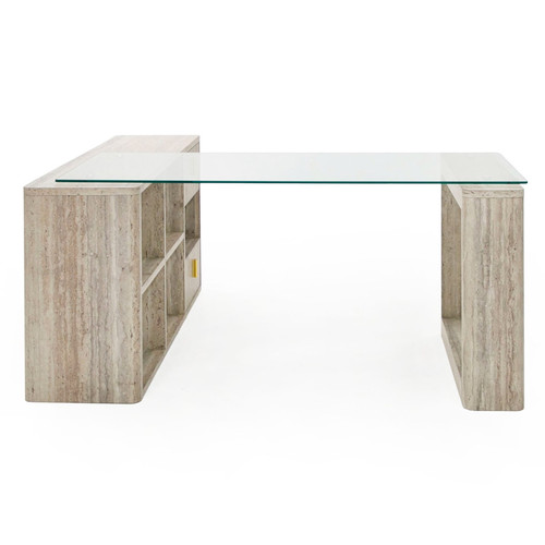 Roma - Modern Glass + Faux Travertine Reversible Desk / VGAN-ROMA-DESK