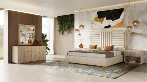 Queen - Nova Domus Daystar + Roma - Modern Beige Velvet + Travertine + Gold Bedroom Set / VGAN-DAYSTAR-ROMA-BED-SET-Q
