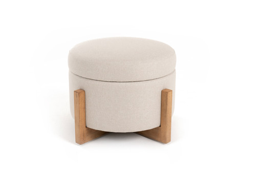 Sada - Mid-Century Modern Beige Linen + Chestnut Round Ottoman / VGRH-RHS-OZHT03