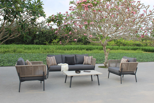 Suntide - Outdoor Grey Fabric + Beige Rattan + Grey Acacia Sofa Set / VGAT-RASF-224