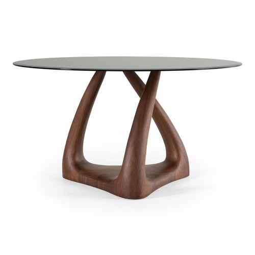 Christy - Mid-Century Modern Grey Glass + Walnut Round Dining Table / VGRY-RY-1160