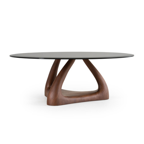 Christy - Mid-Century Modern Grey Glass + Walnut Round Coffee Table / VGRY-RY-1166