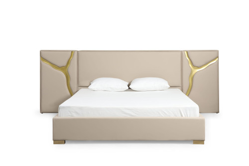 Aspen - Glam Beige Bonded Leather & Gold Q Bed / VGVC-BD1801-BG-BED-Q