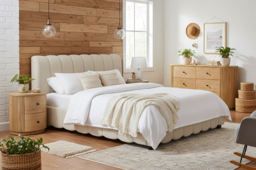 Queen Harris + Jacobson - Modern Off-White Fabric + Natural Oak 4-Piece Bedroom Set / VGWD-HARRIS-JACOBSON-SET-Q