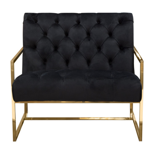 Luxe Accent Chair in Black Tufted Velvet Fabric with Polished Gold Stainless Steel Frame / LUXECHBL