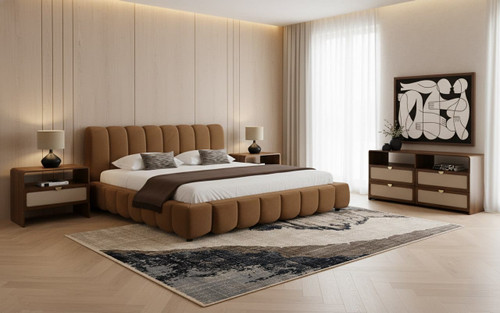 Queen Harris + Emilio - Modern Brown Fabric + Burlap + Walnut 4-Piece Bedroom Set / VGKK-KF.B2032-EMILIOBRN-4PC-Q