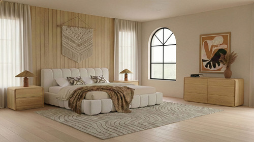 Queen Harris + Dustin - Modern Off-White Fabric + Natural Oak 4-Piece Bedroom Set / VGKK-KF.B2032-DUSNAT-4PC-Q