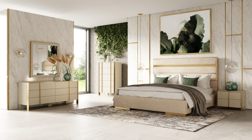 Queen Cartier - Modern Beige Velvet + Brushed Brass 4-Piece Bedroom Set / VGVCBD-A-002-BGE-BED-4PC-SET-Q