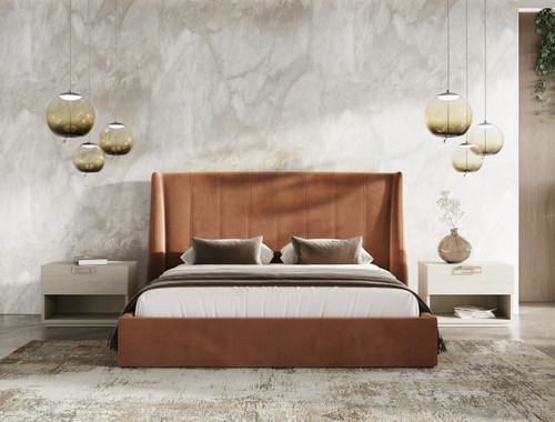 Queen Roma + Lago - Modern Burnt Orange Velvet + Faux Travertine Bed + Nightstands Set / VGAC-ROMALAGO-3PC-SET-Q