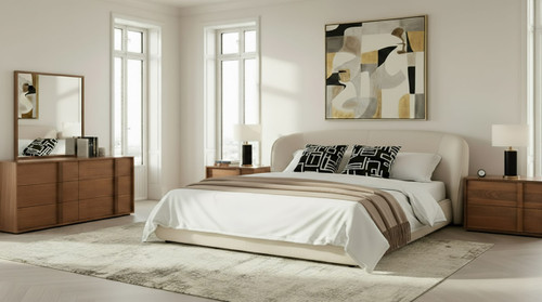 Queen Lambert + Berlin - Modern Beige Fabric + Walnut 4-Piece Bedroom Set / VGMA-LAMBERT-BERLIN-SET-Q