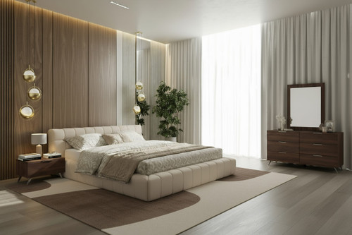 Queen Tyree + Brooklyn - Modern Off-White Fabric + Walnut 4-Piece Bedroom Set / VGOD-TYREE-BROOKLYN-SET-Q