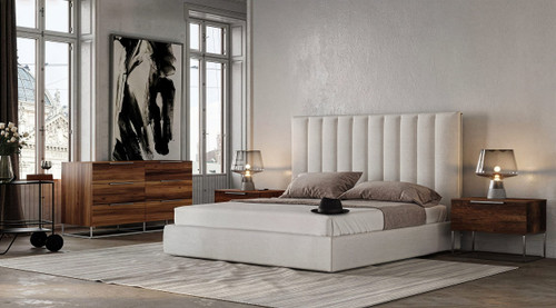 Eastern King Valhalla + Lorenzo - Modern White Fabric + Light Oak 4-Piece Bedroom Set / VGKK-VALHALLA-LORENZO-SET-EK