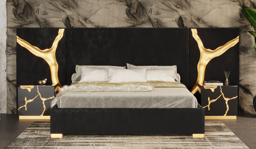 Eastern King Aspen - Modern Black + Gold 4-Piece Bedroom Set / VGVCDB1801-BLK-4PC-SET-EK