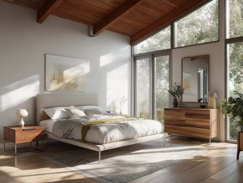 Queen Bergeron + Lorenzo - Contemporary Cream Fabric + Light Oak 4-Piece Bedroom Set / VGOD-BERGERON-LORENZO-SET-Q