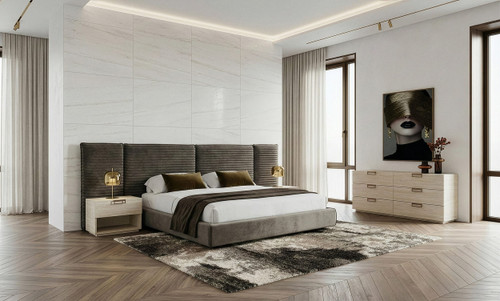 Eastern King Breslow + Lago - Modern Dark Taupe Fabric + Faux Travertine 4-Piece Bedroom Set / VGEV-25150-LAGO-4PC-EK