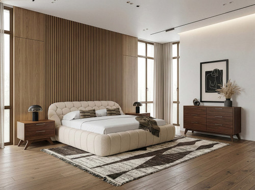 Eastern King Yolonda + Soria - Modern Beige Fabric + Walnut 4-Piece Bedroom Set / VGEV-A127-SORIA-4PC-EK