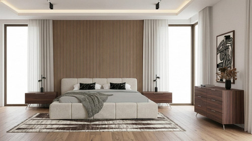Queen Lamont + Brooklyn - Modern Beige Fabric + Walnut 4-Piece Bedroom Set / VGKK-KF.B1051-BROOK-4PC-Q