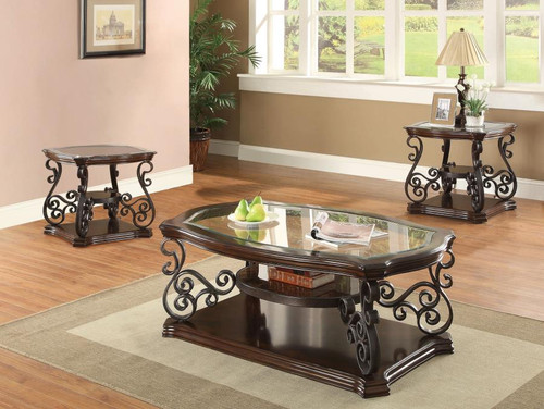 Laney 3-piece Glass Top Coffee and End Table Set Dark Merlot / CS-702448-S3